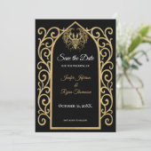 Ornate border black and gold wedding save the date 案内状 (スタンド正面)
