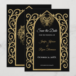 Ornate border black and gold wedding save the date 案内状