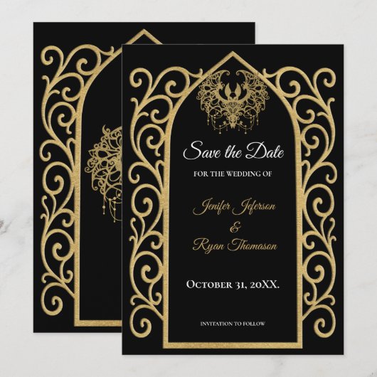 Ornate border black and gold wedding save the date 案内状 (正面/裏面)