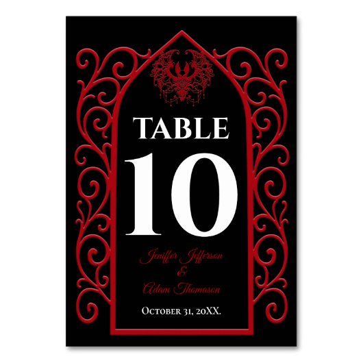 Ornate border black and red Gothic Wedding テーブルナンバー (正面)