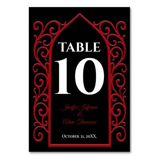 Ornate border black and red Gothic Wedding テーブルナンバー (正面)