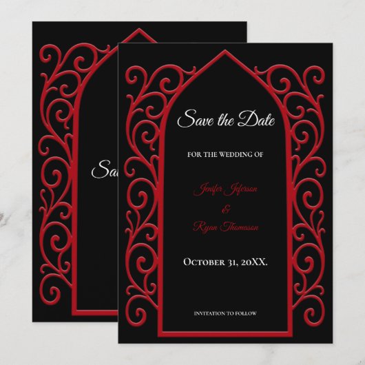 Ornate border black and red wedding save the date 案内状 (正面/裏面)
