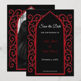 Ornate border black and red wedding save the date 案内状