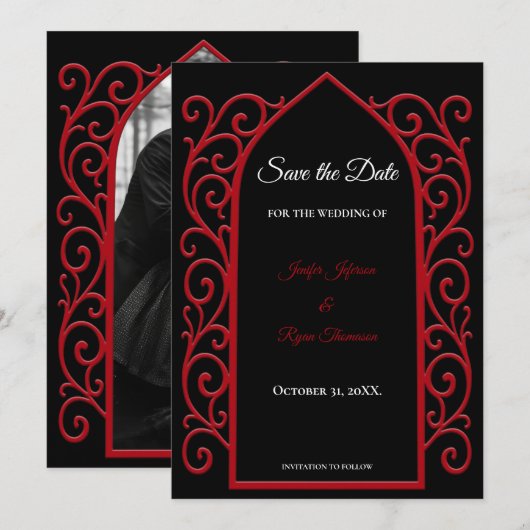 Ornate border black and red wedding save the date 案内状 (正面/裏面)