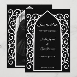 Ornate border black and whit wedding save the date 案内状