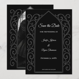 Ornate border black and whit wedding save the date 案内状