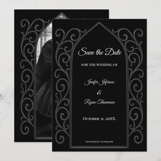 Ornate border black and whit wedding save the date 案内状 (正面/裏面)
