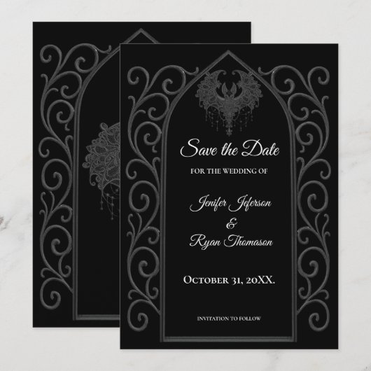 Ornate border black and whit wedding save the date 案内状 (正面/裏面)