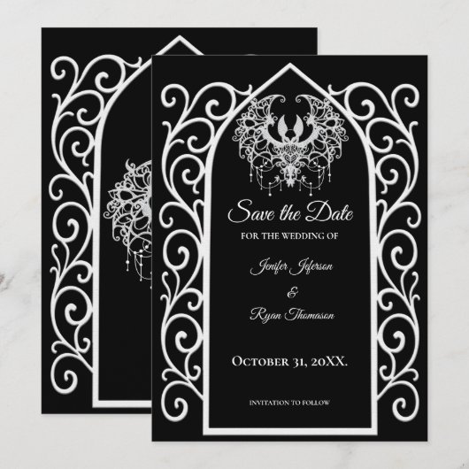 Ornate border black and whit wedding save the date 案内状 (正面/裏面)