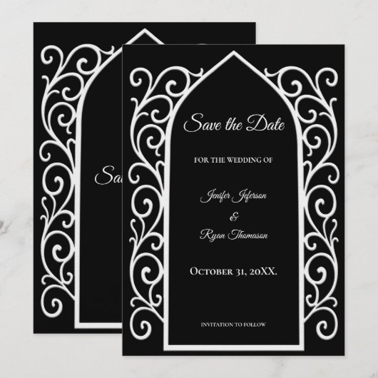 Ornate border black and whit wedding save the date 案内状 (正面/裏面)