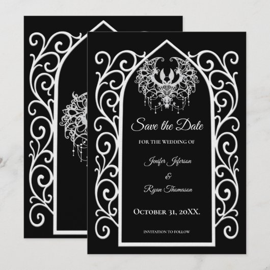 Ornate border black and whit wedding save the date 案内状 (正面/裏面)