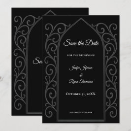 Ornate border black and whit wedding save the date 案内状