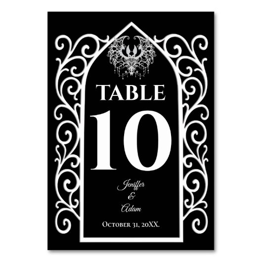 Ornate border black and white Gothic Wedding テーブルナンバー (正面)