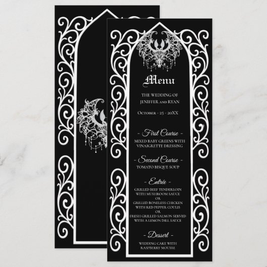 Ornate border black and white Gothic Wedding Menu メニュー (正面/裏面)