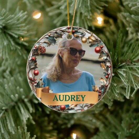 Ornate Christmas Wreath ANY Photo Tree Ornament セラミックオーナメント (ツリー)