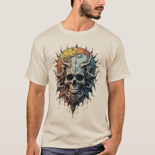 Ornate Cosmic Skull Gothic Baroque Mandala Tシャツ (正面)