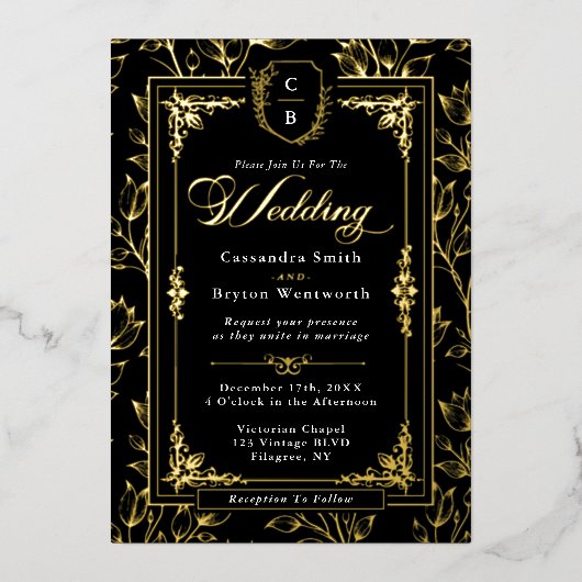 Ornate Crest Luxury Formal Wedding 箔招待状 (正面)