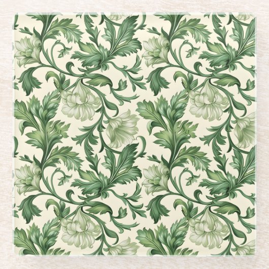 Ornate dark green acanthus leaves pattern ガラスコースター (正面)
