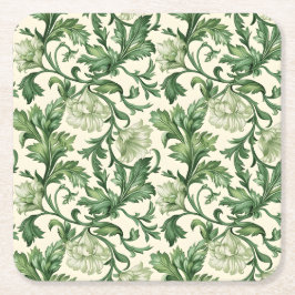 Ornate dark green acanthus leaves pattern スクエアペーパーコースター