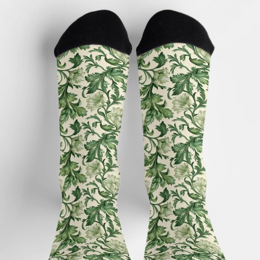 Ornate dark green acanthus leaves pattern ソックス (上部)