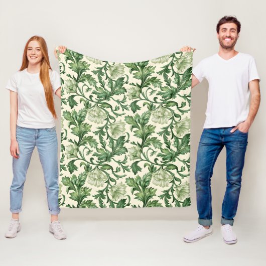 Ornate dark green acanthus leaves pattern フリースブランケット (インサイチュ)