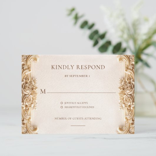 Ornate Elegant Gold Floral RSVP Response Card (スタンド正面)