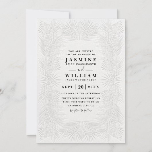 Ornate Embossed Palms Elegant QR Code Wedding 招待状 (正面)