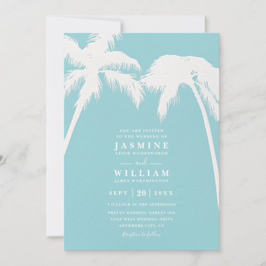 Ornate Embossed Tropical Palm QR Code Wedding 招待状 (正面)