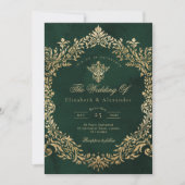 Ornate Emerald Gold Royal Elegant Wedding 招待状 (正面)