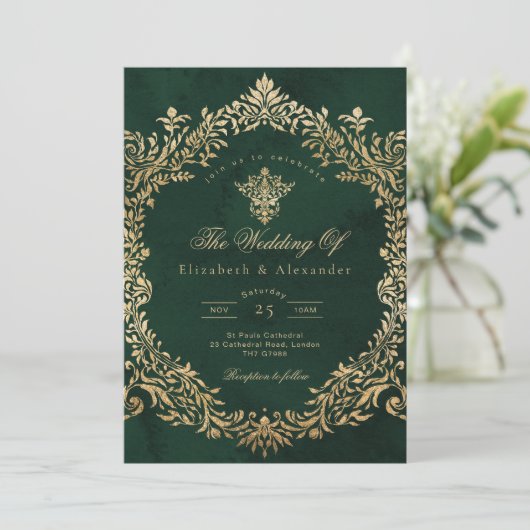 Ornate Emerald Gold Royal Elegant Wedding 招待状 (スタンド正面)