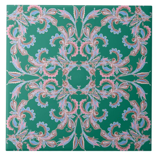 Ornate Floral Filigree Tile in Emerald Green タイル (正面)