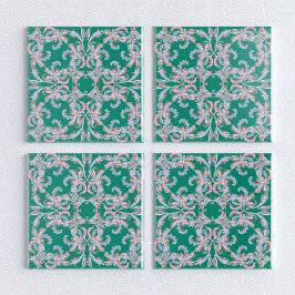Ornate Floral Filigree Tile in Emerald Green タイル