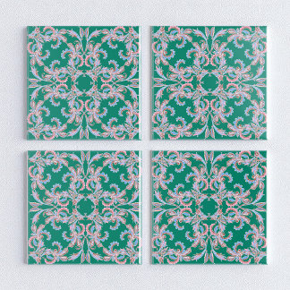 Ornate Floral Filigree Tile in Emerald Green タイル
