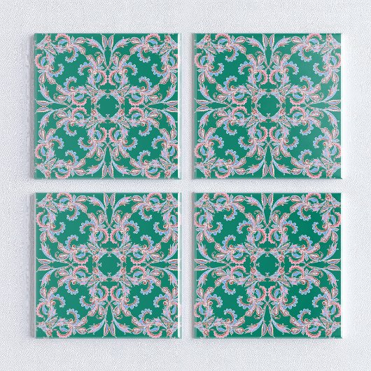 Ornate Floral Filigree Tile in Emerald Green タイル