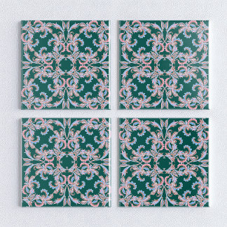 Ornate Floral Filigree Tile in Hunter Green  タイル
