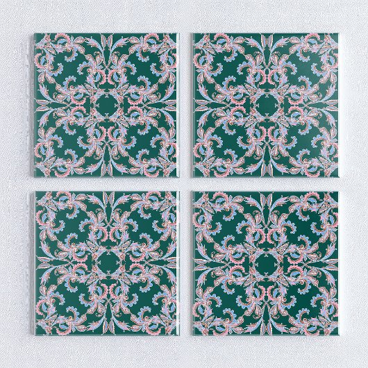 Ornate Floral Filigree Tile in Hunter Green  タイル