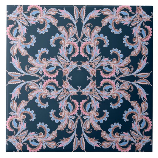 Ornate Floral Filigree Tile in Midnight Blue タイル (正面)