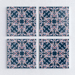 Ornate Floral Filigree Tile in Midnight Blue タイル