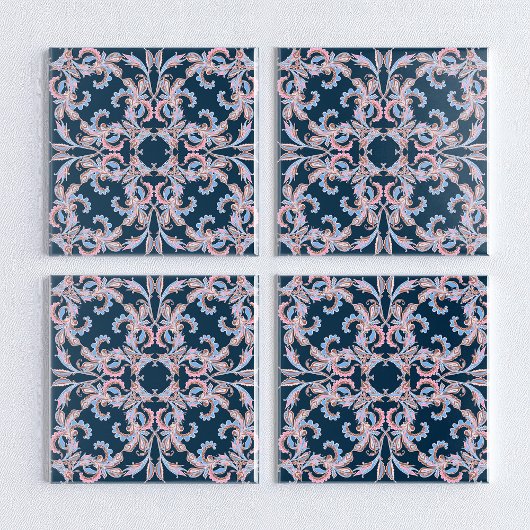 Ornate Floral Filigree Tile in Midnight Blue タイル