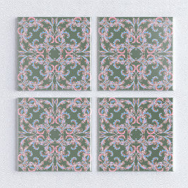 Ornate Floral Filigree Tile in Slate Green タイル