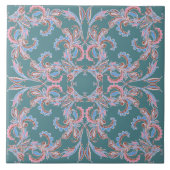 Ornate Floral Filigree Tile in Teal Blue タイル (正面)