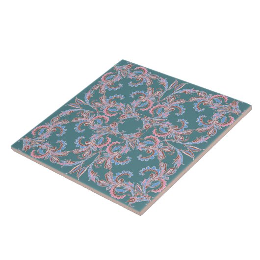 Ornate Floral Filigree Tile in Teal Blue タイル (側面)