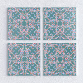 Ornate Floral Filigree Tile in Teal Blue タイル