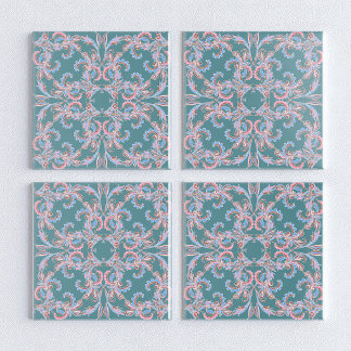 Ornate Floral Filigree Tile in Teal Blue タイル