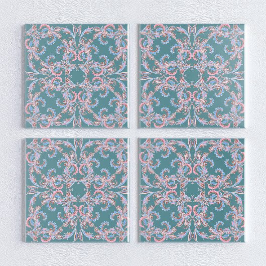Ornate Floral Filigree Tile in Teal Blue タイル