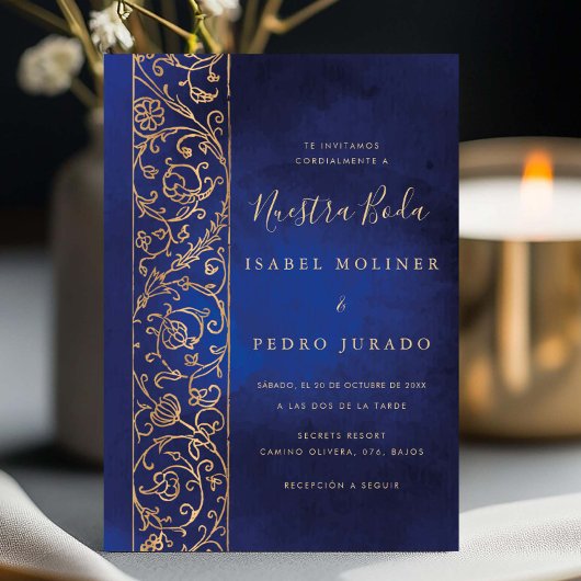 Ornate Floral Gold Blue Nuestra Boda Wedding 招待状