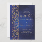Ornate Floral Gold Blue Nuestra Boda Wedding 招待状 (正面)