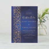 Ornate Floral Gold Blue Nuestra Boda Wedding 招待状 (スタンド正面)