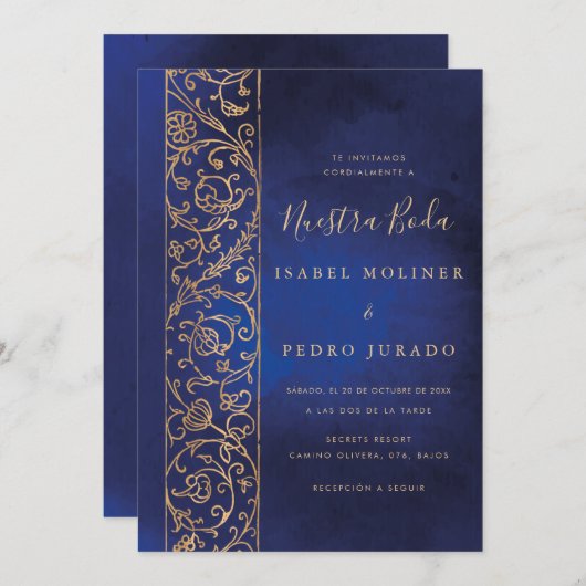 Ornate Floral Gold Blue Nuestra Boda Wedding 招待状 (正面/裏面)