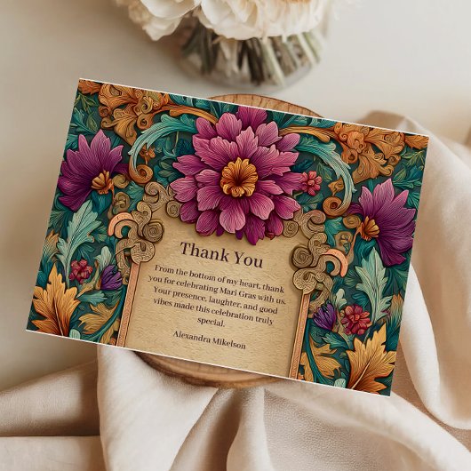 Ornate Floral Mardi Gras Masquerade サンキューカード